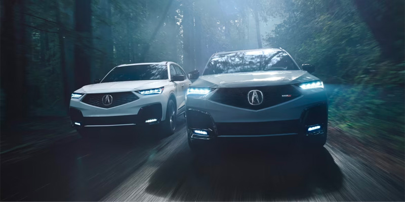 A white Acura MDX and an MDX Type S driving through a misty forest with headlights on.